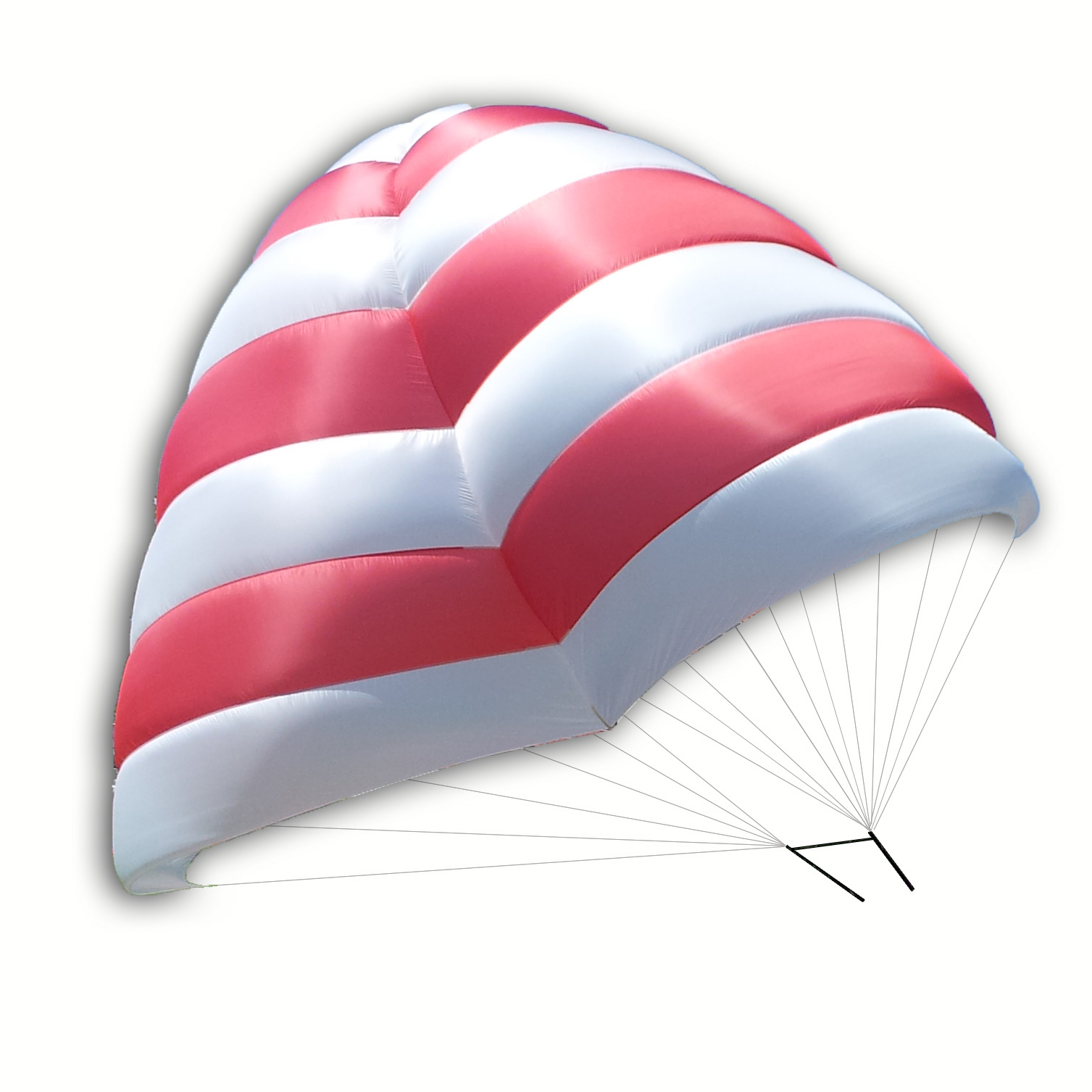 Red and white striped steerable gliding parachute with lines, isolated on a white background