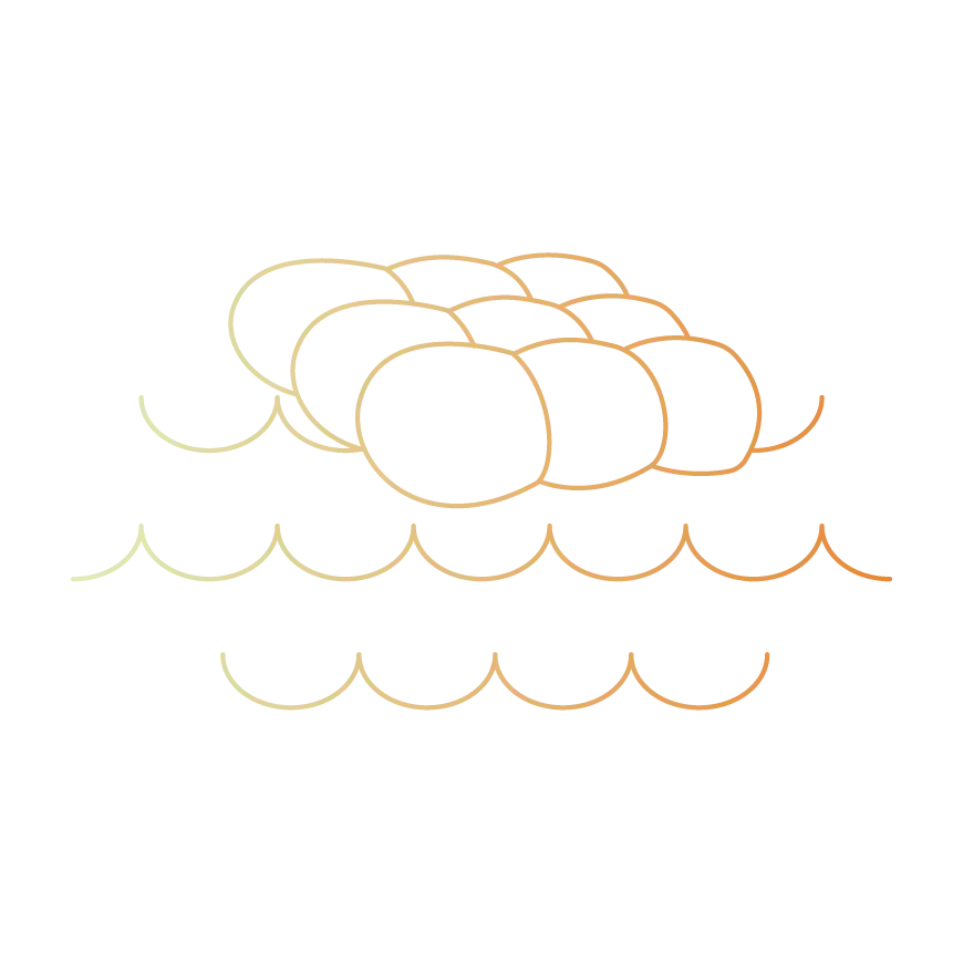 Line drawing: inflated flotation bodies floating on waves