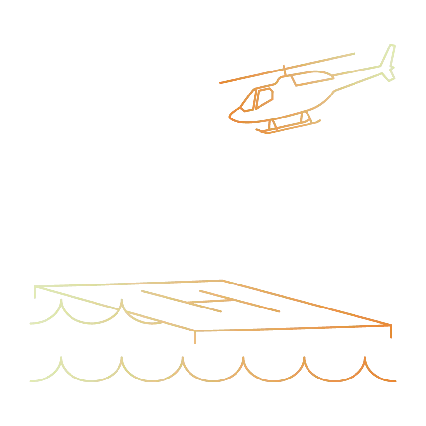 Line drawing: helicopter above a platform floating on water