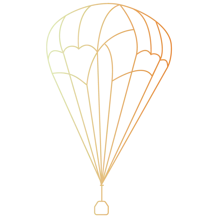 Line drawing of a round canopy parachute carrying a load
