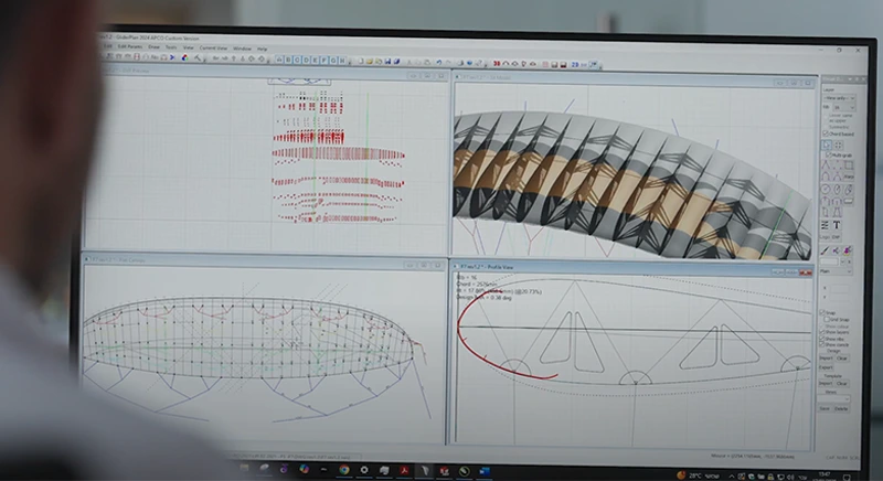 Screen with several design views of a ram-air canopy: cells, line plan and profile section