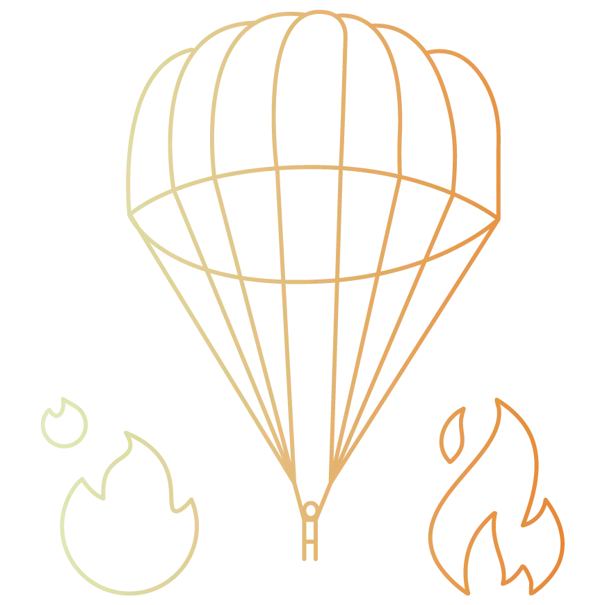 Line drawing: round parachute with payload between flames