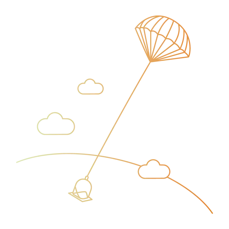 Line drawing of a payload descending under a parachute from high altitude above the curve of the earth