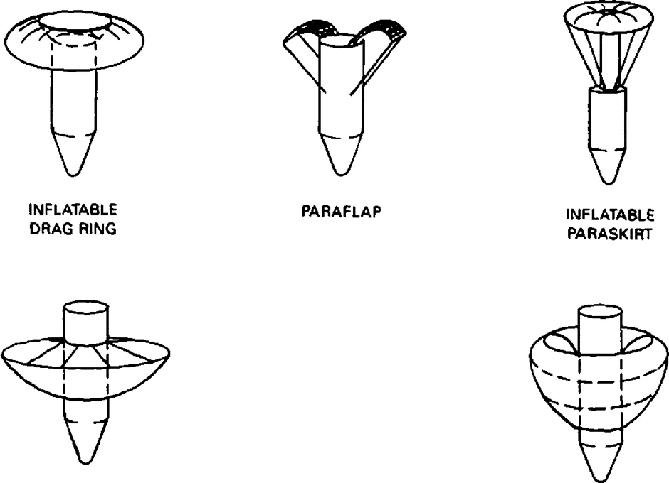 Sketches of inflatable decelerators on a projectile body: inflatable drag ring, paraflap, inflatable paraskirt and two cone-shaped designs