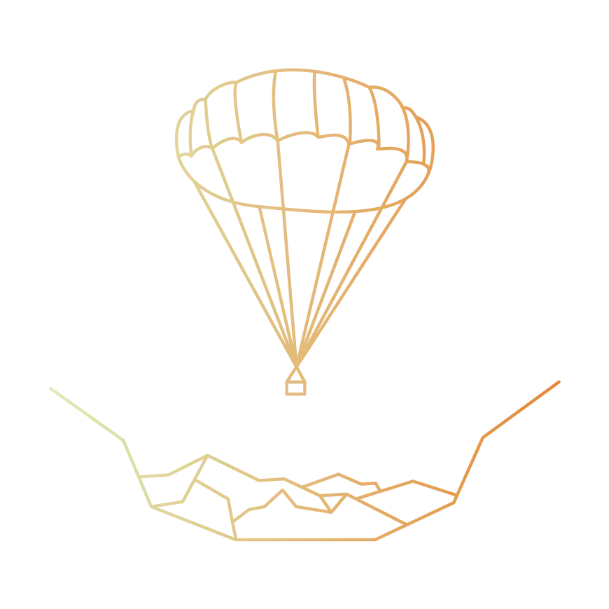 Line drawing: parachute with payload above rugged terrain in a hollow
