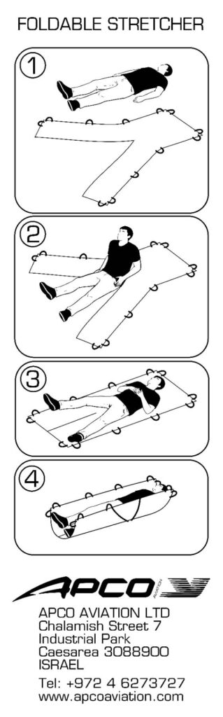 “Foldable Stretcher” label with four pictograms showing how the stretcher is slid under and closed