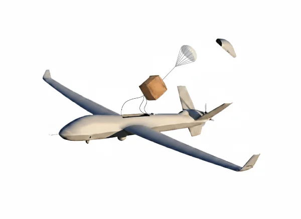 Illustration: a small pilot chute extracting the deployment bag from a fixed-wing UAV