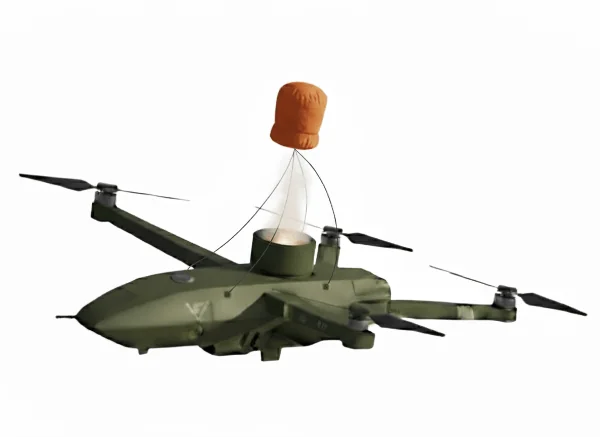 Illustration: deployment bag ejected pyrotechnically from the compartment of a multirotor