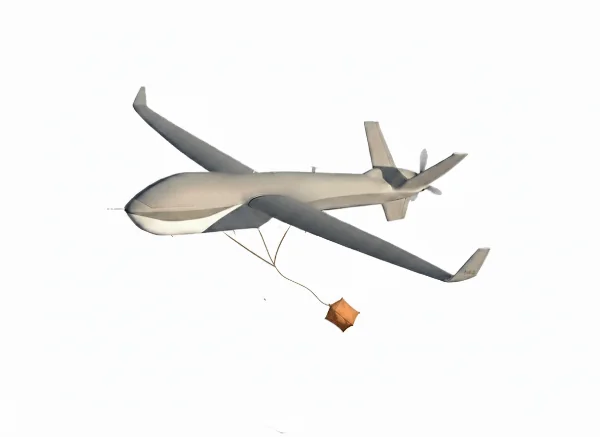 Illustration: fixed-wing UAV releasing a deployment bag on a bridle into the airstream