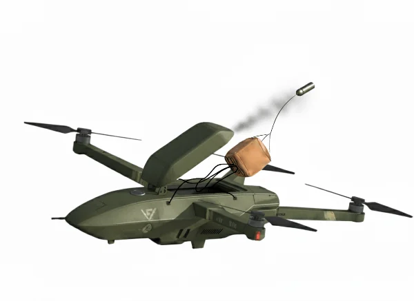 Illustration: a fired projectile pulling the deployment bag out of a multirotor with an open hatch