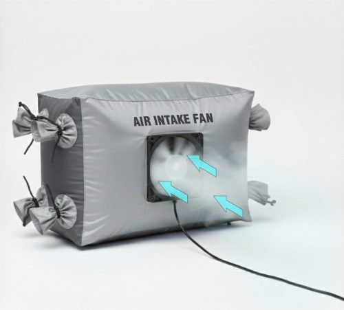 Grey airbag with a built-in fan at the air intake and a power cable