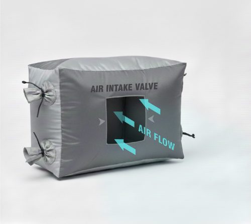 Grey airbag with an air intake valve, arrows showing the incoming airflow