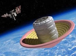 Rendering of a space capsule with a deployed inflatable decelerator above the earth