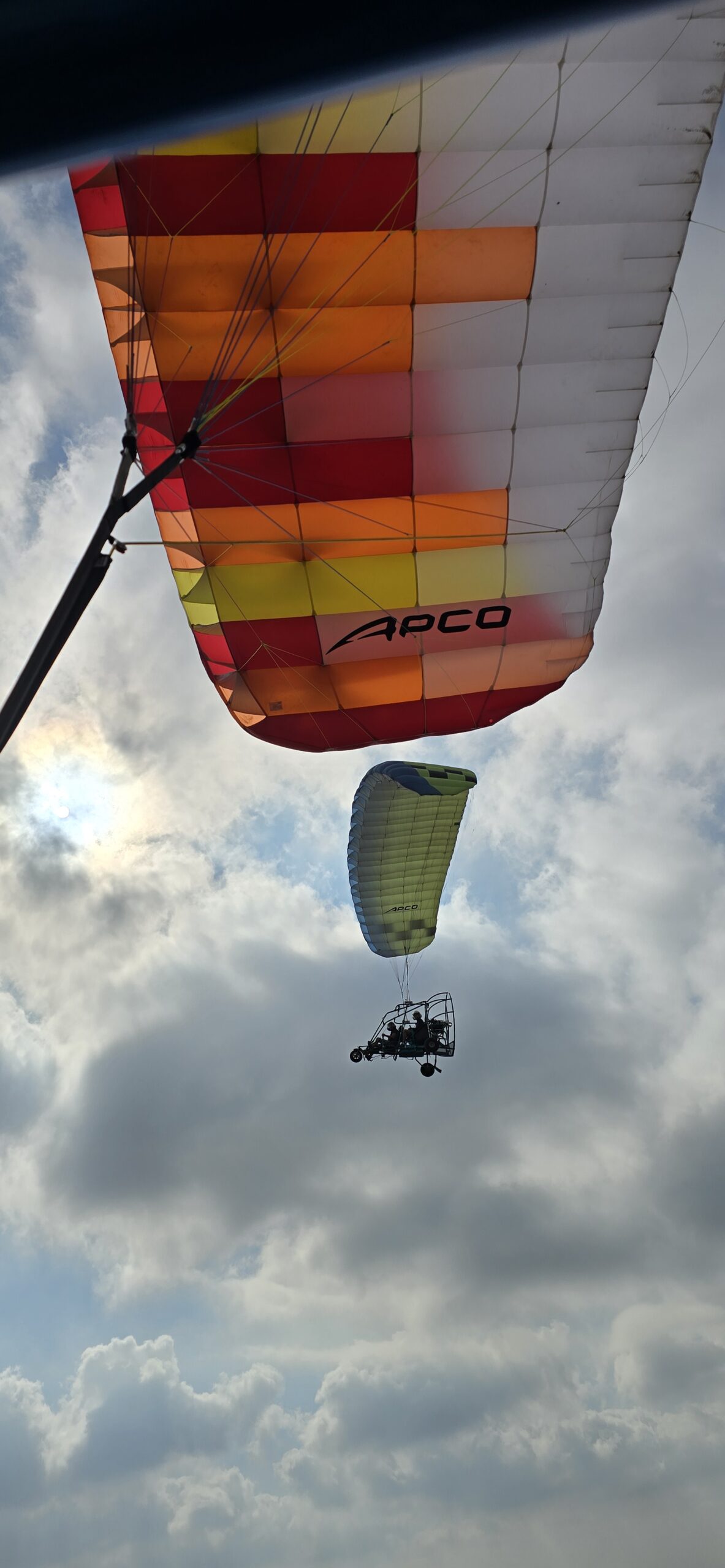 View from below of an APCO canopy, with another paratrike flying in the cloudy sky beneath